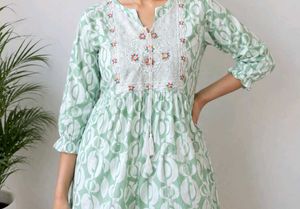Embroidered Green Block Print short Kurti
