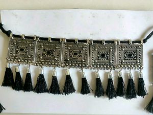 Oxidised Black Tassels Earrings Necklace Jewellery Set
