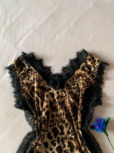 Lingerie Nightgown Leopard Print Lace Trim