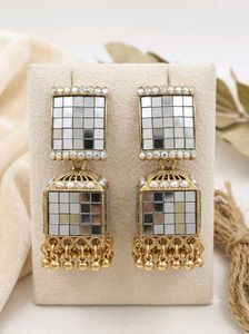 Mirror Jhumka Earrings with Beads