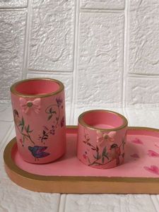 Decorative Pink Trinket Tray and candle holder Set