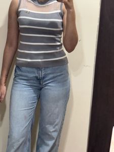 Striped Sleeveless Top with Sheer Neckline