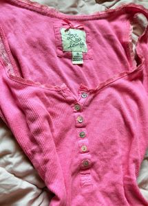 Pink Ribbed Henley Tank Top