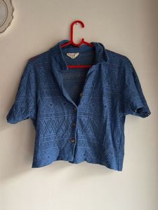 Blue Crochet Knit Button-Up Top