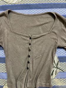 Ribbed Square Neck Button-Up Top