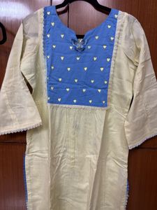 Stylish Cream &amp; Blue Cotton Kurta hand painted