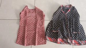 2 Cotton Kurtis + straw bag
