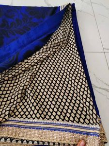 Royal Blue Saree with Black Floral Print
