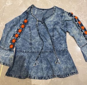 Denim Bell Sleeve Tunic with Orange Embellishments