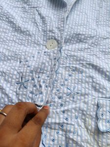 Blue White Embroidered Shirt