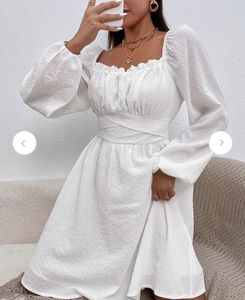 Chic White Square Neck Puff Sleeve Dress(XS)