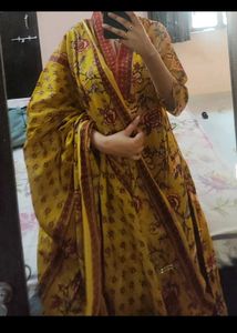 Yellow Floral Print Kurta Set with Dupatta