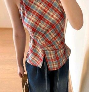 Red & blue plaid halter top with asymmetrical pl