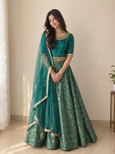 Stunning Teal & Gold Brocade Lehenga Choli