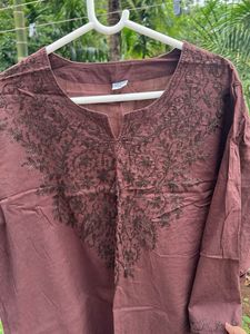 Embroidered Brown Cotton Kurta