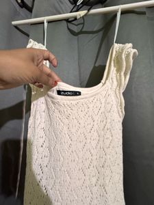 Elegant Off-White Crochet Knit Sleeveless Dress