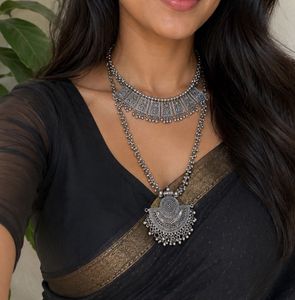 Oxidized Silver Layered Necklace Set
