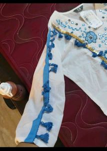 White Kurta Set with Blue Embroidery