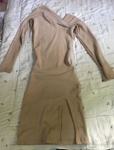 Chic Beige Long Sleeve Midi Dress