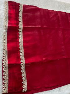 Elegant Red shiny fabric Kurta Set with Gold Trim