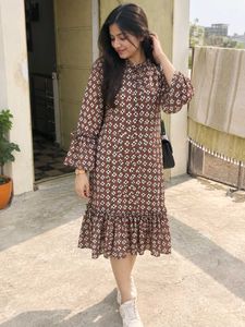 Chic Brown Floral Print Midi Dress
