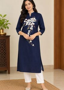 Elegant Navy Blue Kurta with Floral Embroidery