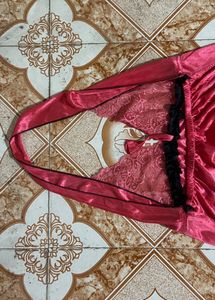 Red Satin Lace Trim Gown