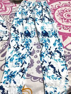 Blue Floral Print Kurta with Lace Trim
