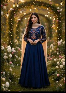 Bust 40 Elegant Navy Blue Embroidered Gown