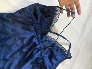 Blue Satin Padded Nighty with Lace Trim