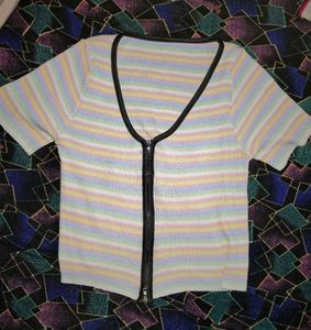 Pastel Striped Zip-Up Knit Top