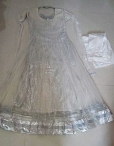 Elegant White Anarkali Set with Gold Embellishment