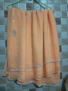 Peach Orange Saree with Silver Embroidery | Party