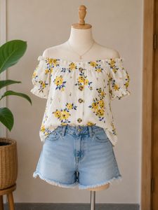 Cute Yellow Floral Off-Shoulder Top
