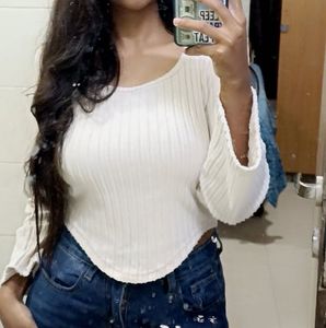 Ribbed White Cropped Top with Bell Sleeves