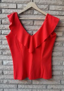 Chic Red Ruffle V-Neck Top