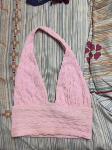 Pink Textured Halter Neck Crop Top