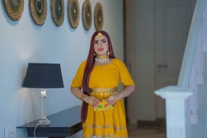 Kurta, Sharara pant, Shell belt with necklace