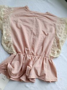 Chic Pink Peplum Top with Lace Sleeves