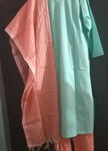BrandNew KhadiCotton SeaGreenKurtiSetWithPeachCol