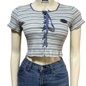 Striped Lace-Up Cropped Top