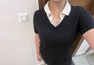 Black V-Neck Ribbed Top with White Collar