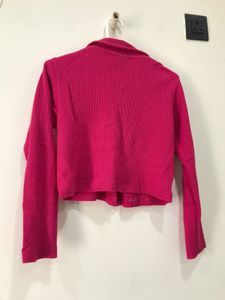 Hot Pink Ribbed Collared Crop Top