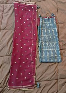 Grey and Gold Foil Print Kurta Set with Dupatta