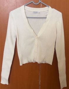 Cream Ribbed Knit Cropped Cardigan