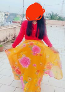Studio Srinagar Mustard Yellow &amp;pink floral print skirt lehenga.