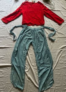 Red Embellished Crop Top &amp; Teal Palazzos