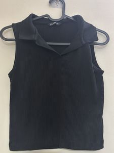 Sleek Black Ribbed Collared Sleeveless Top