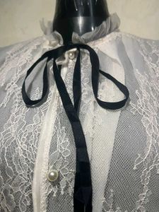 Sheer Lace Blouse with Ribbon Tie