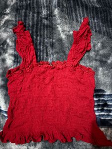 Women's Red Smocked Ruffle Strap Crop ❤️🥀 Top
